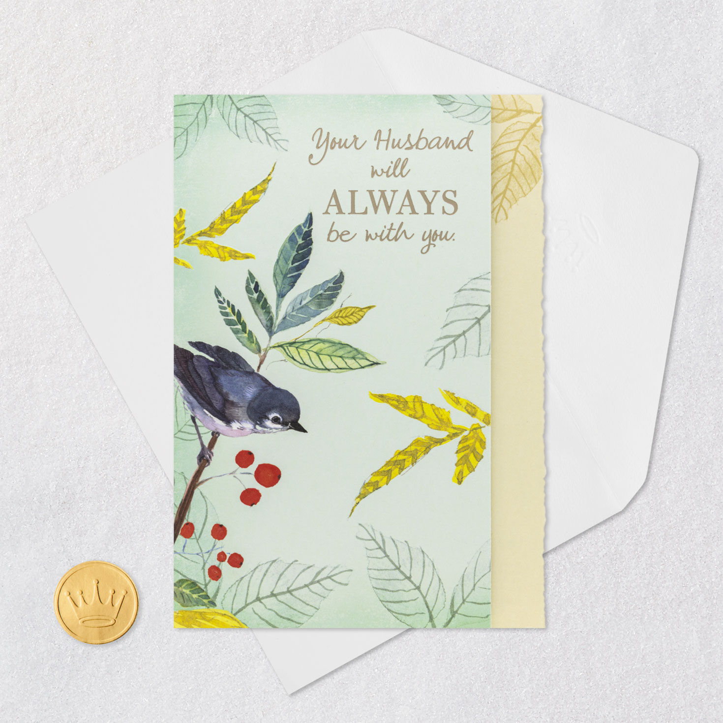 Bird on Branch Husband Sympathy Card Card Front with Envelope and Gold Seal image number 6