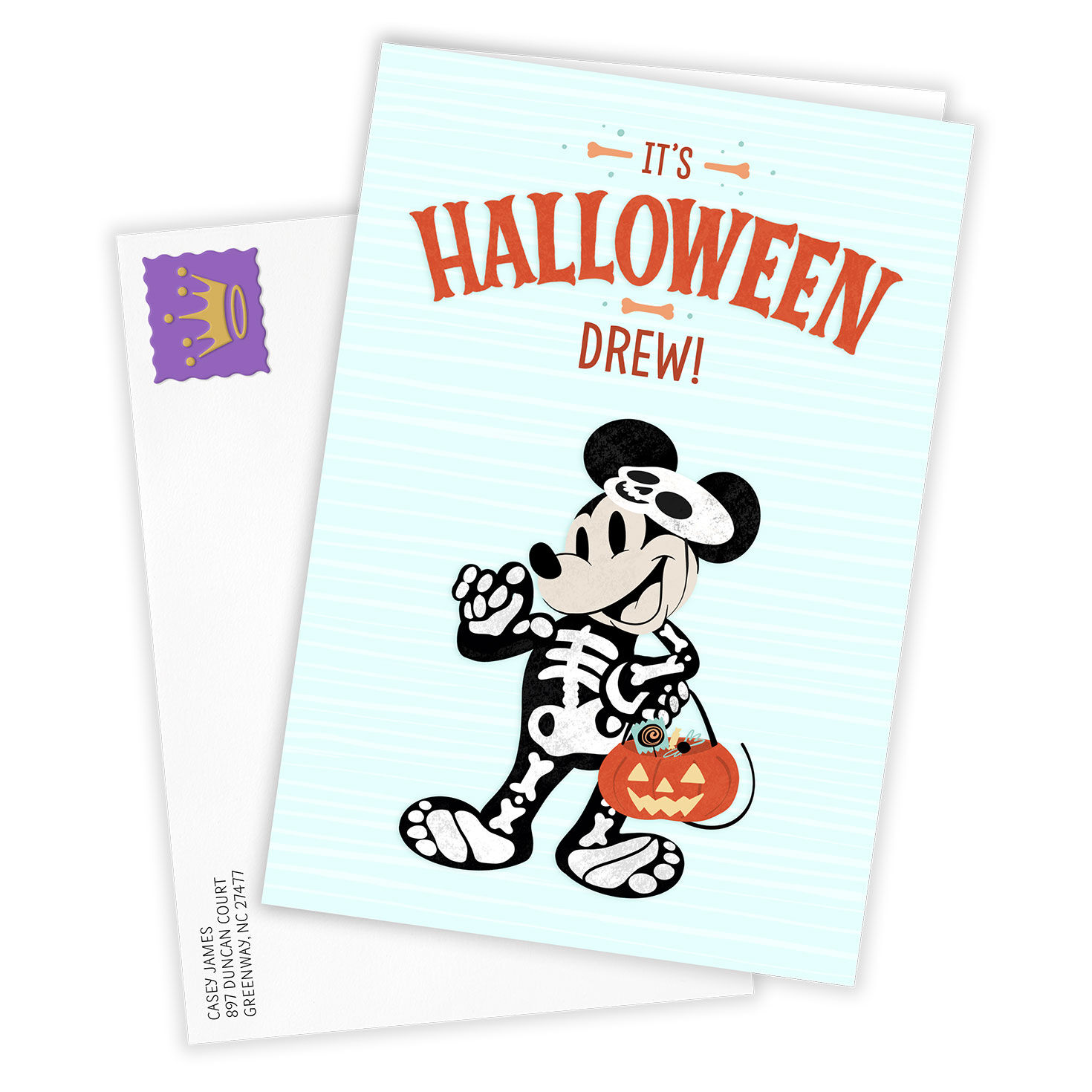 Mickey Skeleton Costume Personalized Halloween Card Card Front with envelope image number 2