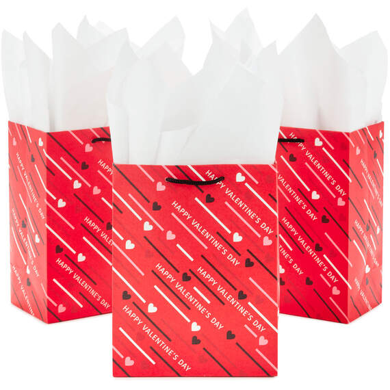 8.8" Diagonal Hearts and Stripes 3-Pack Medium Valentine's Day Gift Bags With Tissue Paper