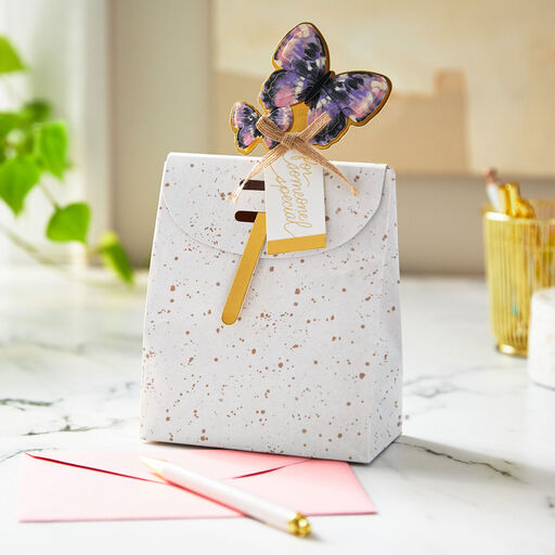 6.5" Speckled Small Fold-Top Gift Bag With Butterfly Pick, 