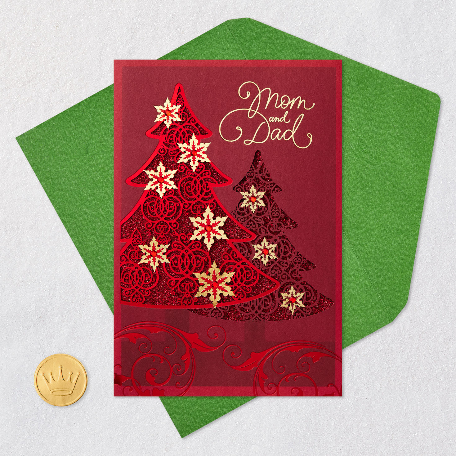 Red Glitter Trees Christmas Card for Mom and Dad Card Front with Envelope and Gold Seal image number 6