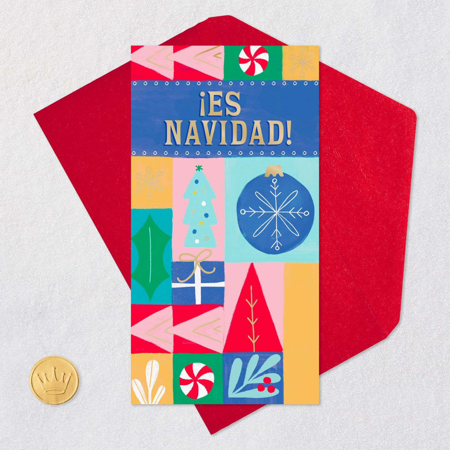 Holiday Icon Color Blocks Christmas Card in Spanish Card Front with Envelope and Gold Seal image number 5