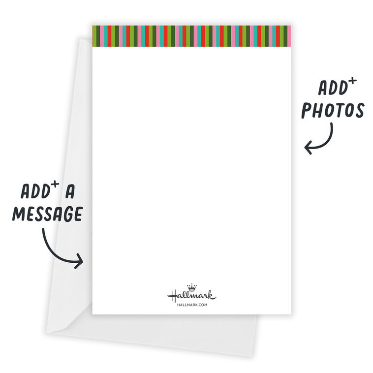 Stacked Words Photos Personalized Holiday Card Card back with Envelope indicating personalization image number 3