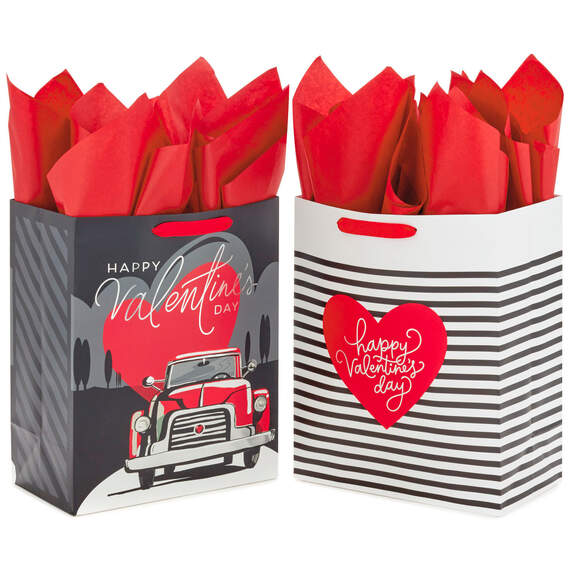 13" Stripes and Red Truck 2-Pack Large Valentine's Day Gift Bags With Tissue Paper