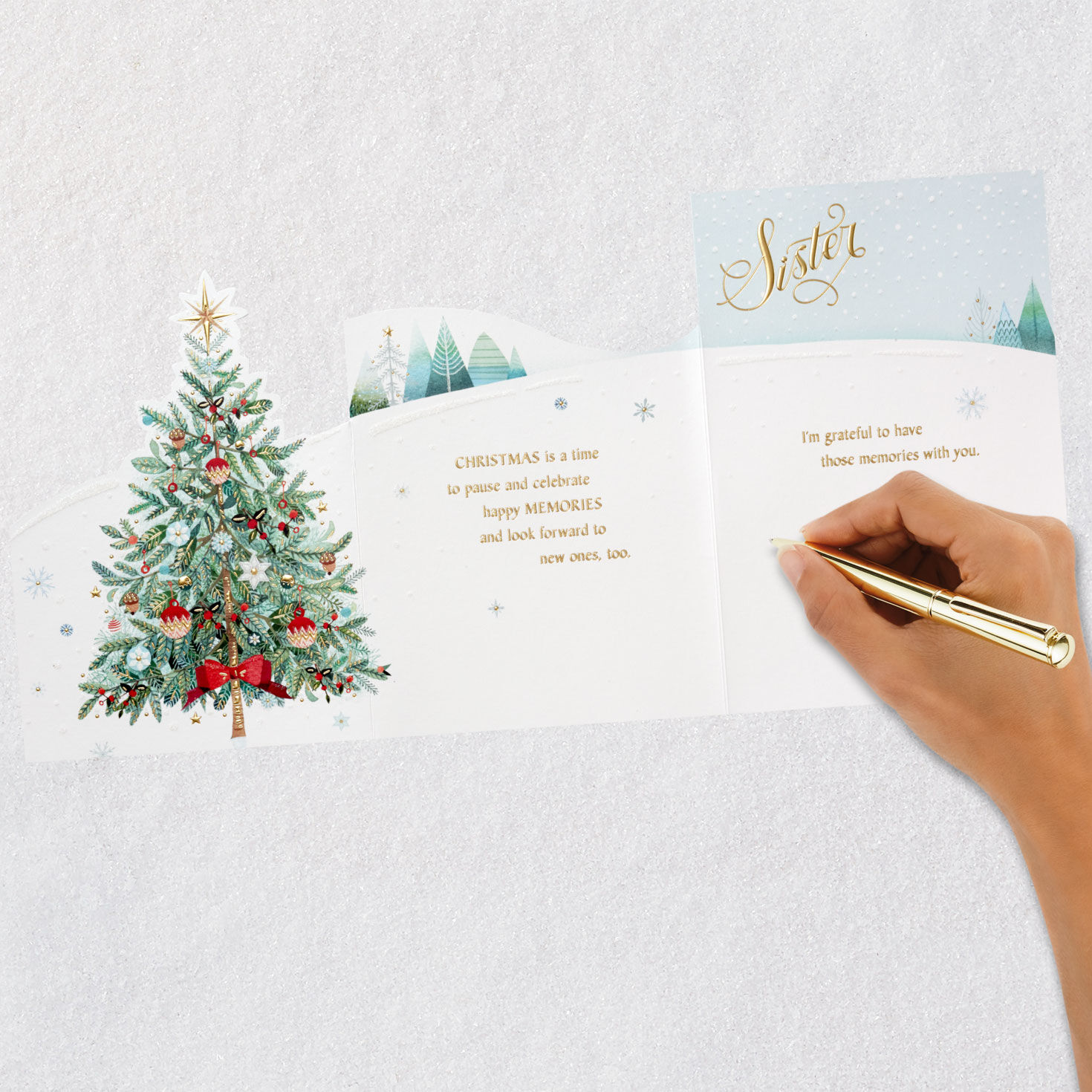 Decorated Tree in Snow Sister Christmas Card signing card image number 10