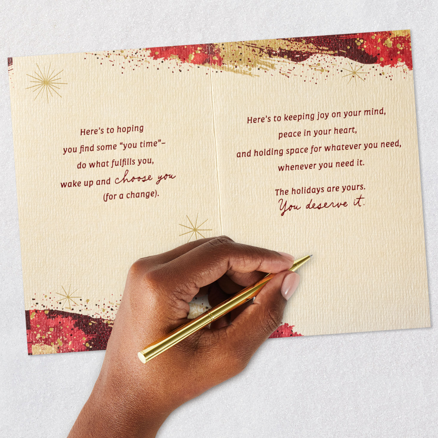 Burgundy and Gold Brushstrokes Christmas Card for Mom Signing card image number 8