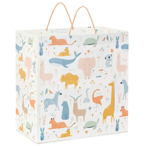 15" Pastel Animals on White Extra-Deep Gift Bag, , large