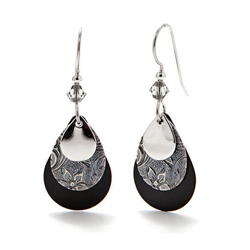 Silver Forest Black and Silver-Tone Layered Metal Teardrop Earrings, 
