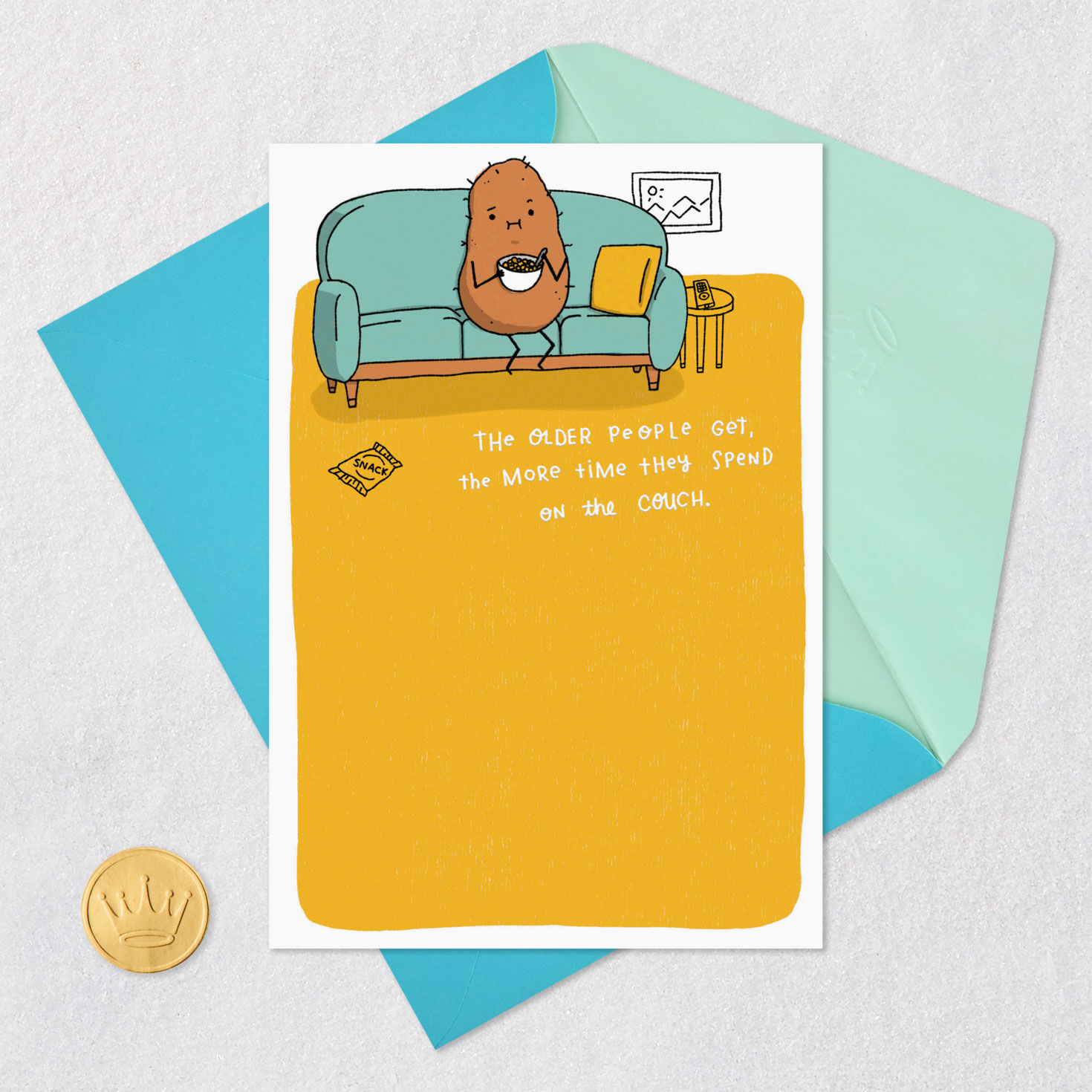 Couch Potato Getting Older Funny Birthday Card Card Front with Envelope and Gold Seal image number 5