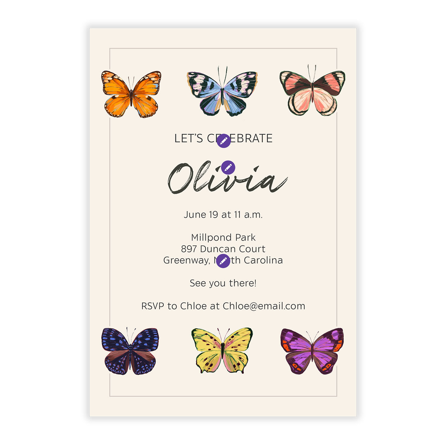 Colorful Butterflies Personalized Party Invitation Card Front indicating personalization image number 5