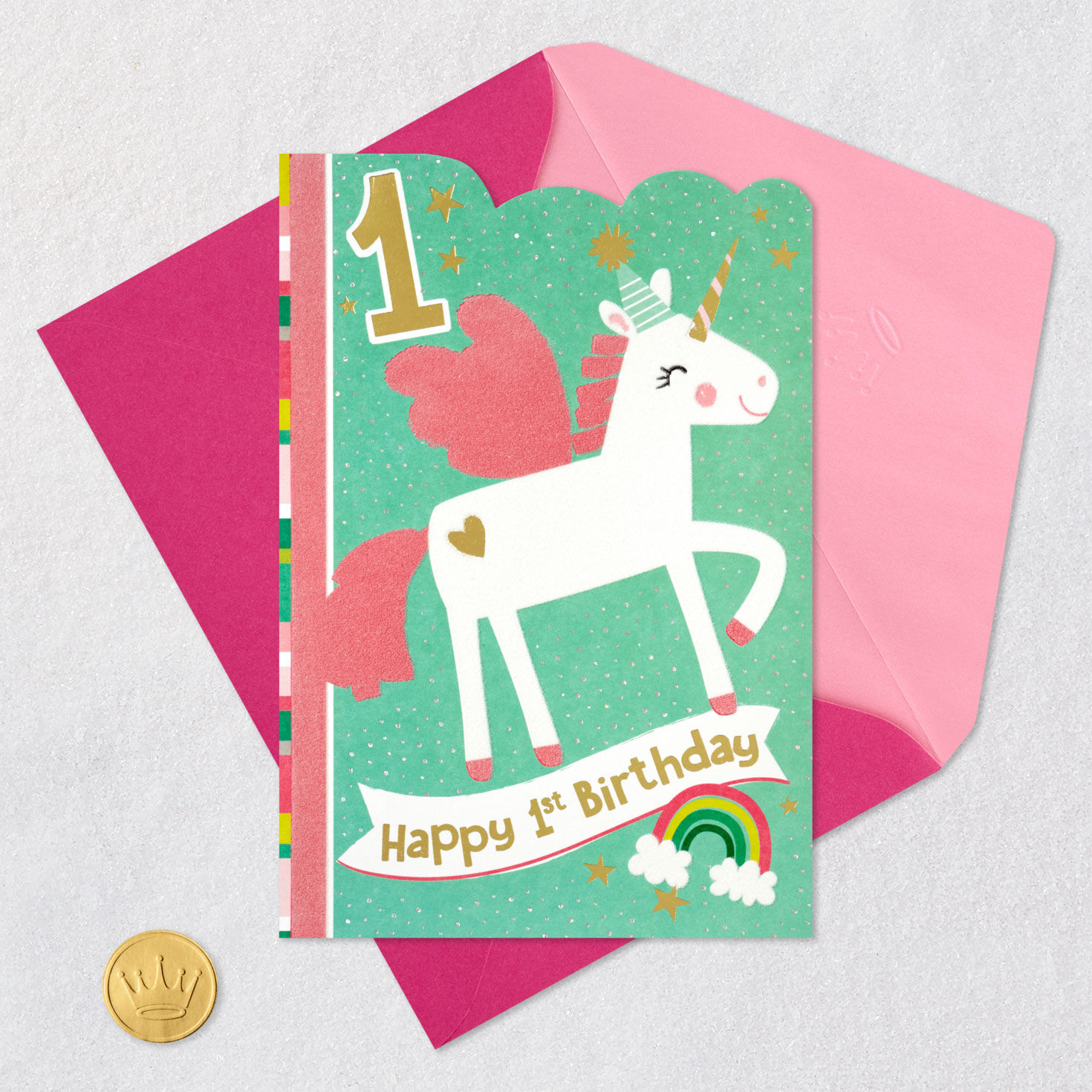 Unicorn and Rainbow First Birthday Card Card Front with Envelope and Gold Seal image number 6