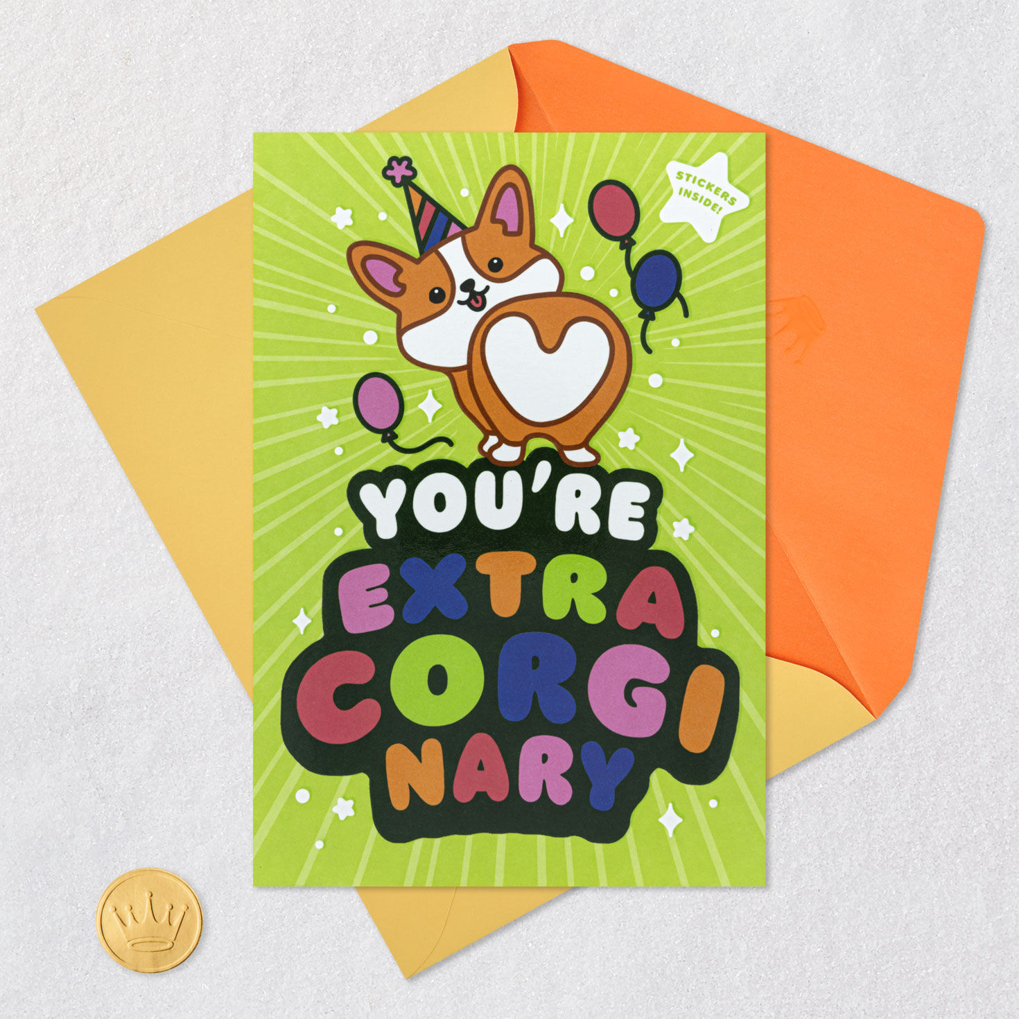 Corgi Dog in Party Hat Kids Birthday Card With Stickers Card Front with Envelope and Gold Seal image number 6