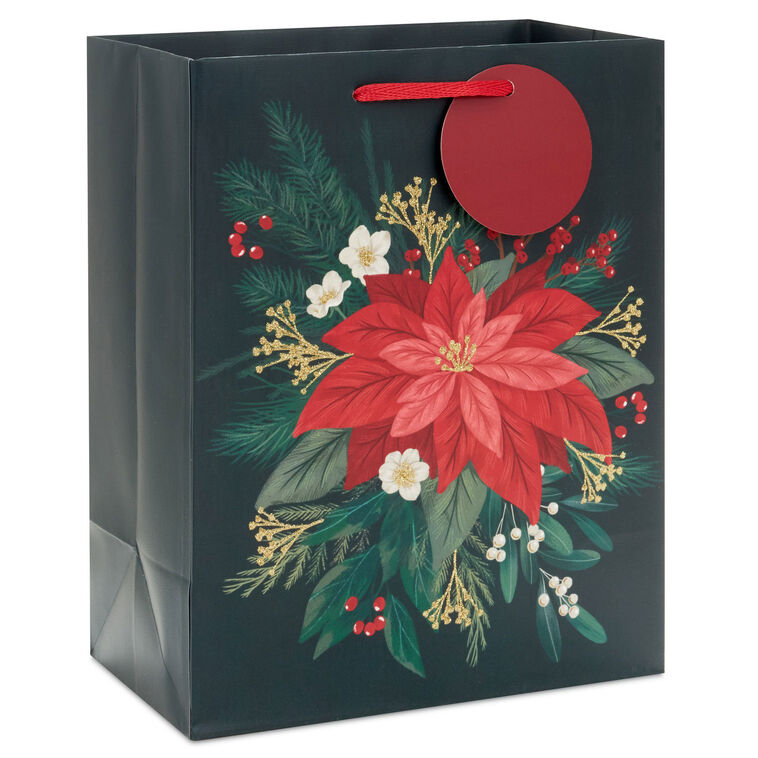 9.6" Red Poinsettia on Black Medium Christmas Gift Bag