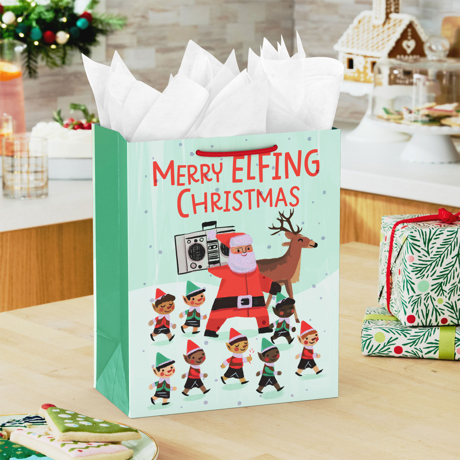 Funny Santa Adult Medium Holiday Gift Bag In use image number 2