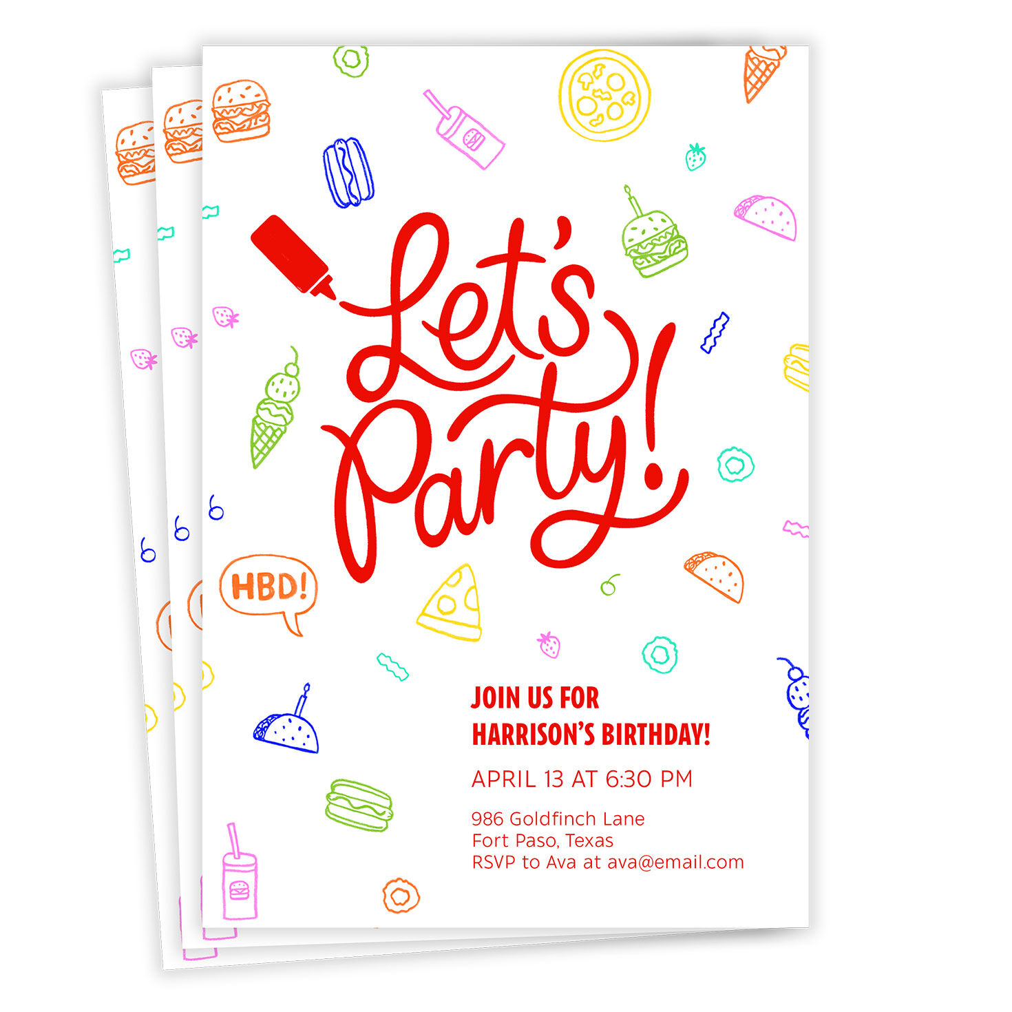 Fun Food Doodles Flat Birthday Invitation