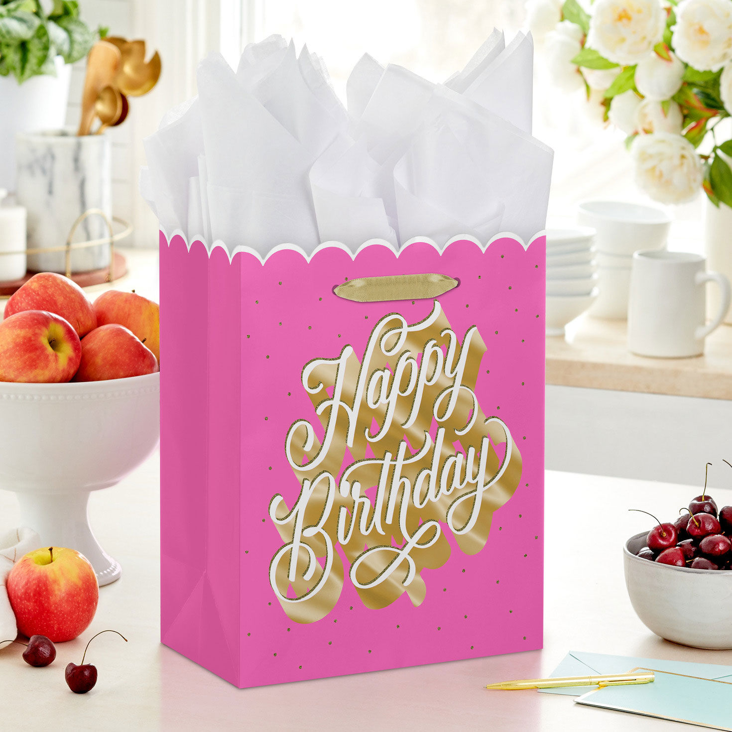 Gold and White Happy Birthday Script Large Gift Bag In use image number 2