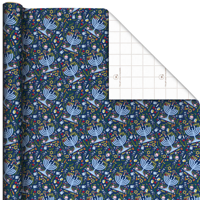 Festive Hanukkah Collage on Navy Wrapping Paper Roll, 35 sq. ft.