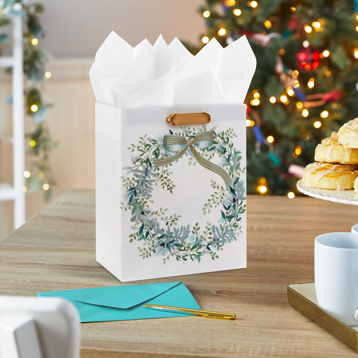 9.6" Elegant Wreath on White Medium Holiday Gift Bag for only USD 3.49 | Hallmark