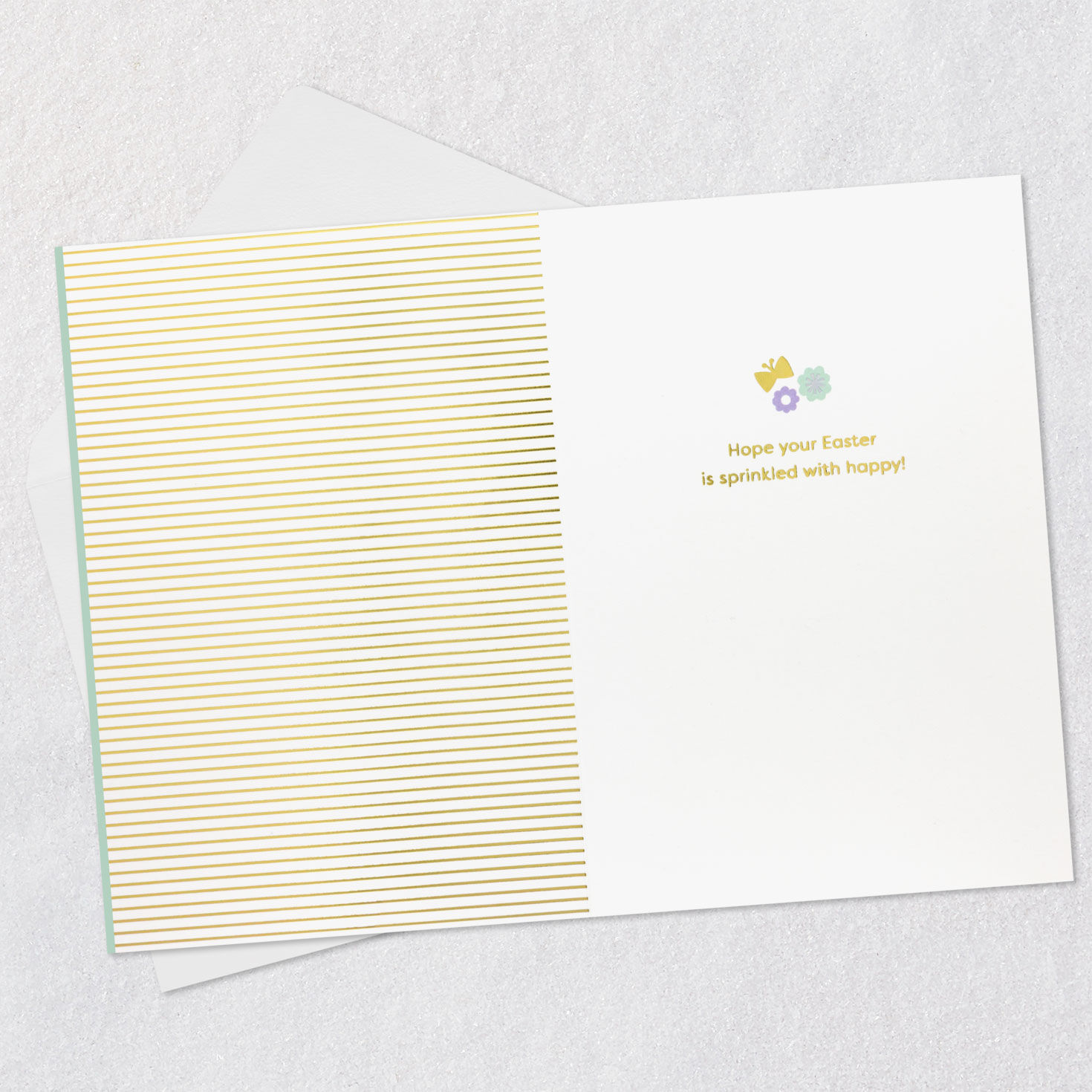 Chicken, Bunny, Lamb with Confetti Green Easter Card Open card with envelope image number 3