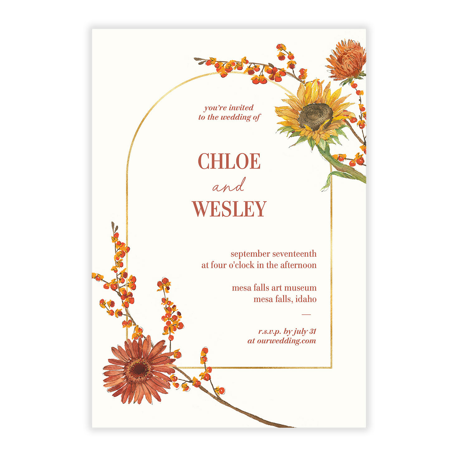 Fall Flowers and Gold Arch Wedding Invitation, , large image number 5