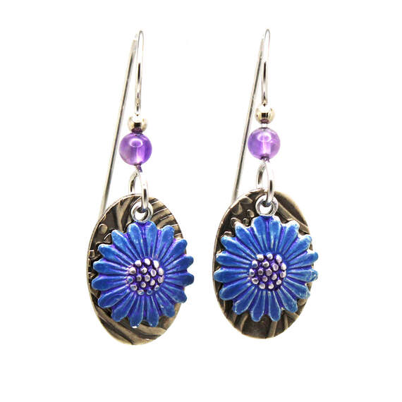 Silver Forest Blue Flower on Metal Oval Drop Earrings, , large image number 1