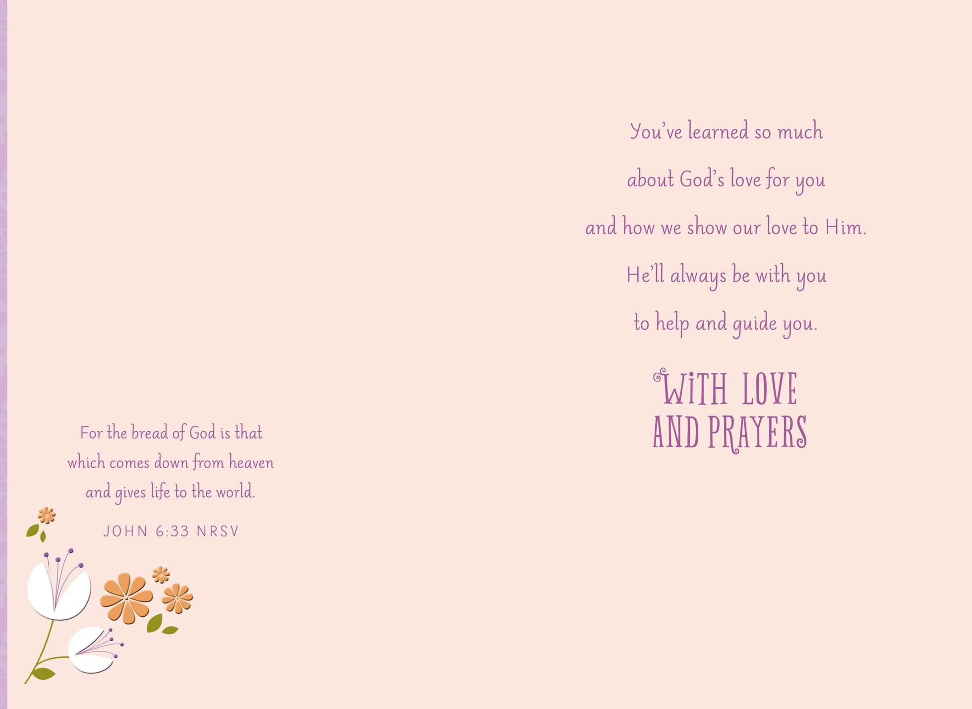 Purple Flowers and Cross First Communion Card for Granddaughter