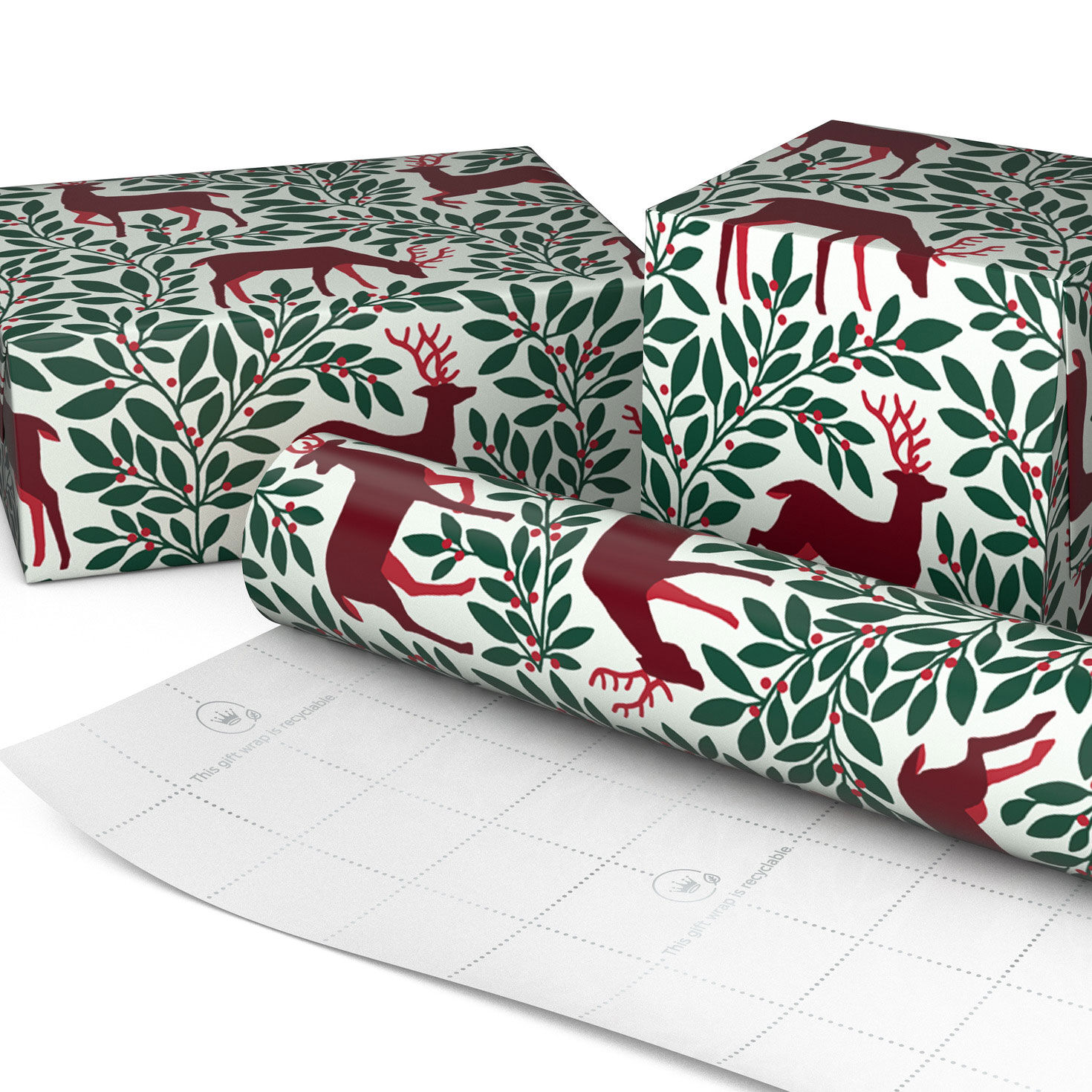 Red Deer and Green Foliage Holiday Gift Wrap Roll Wrapped pkg image number 2