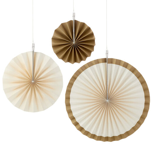 Ivory and Gold Metallic Decorative Fans, Set of 3, 