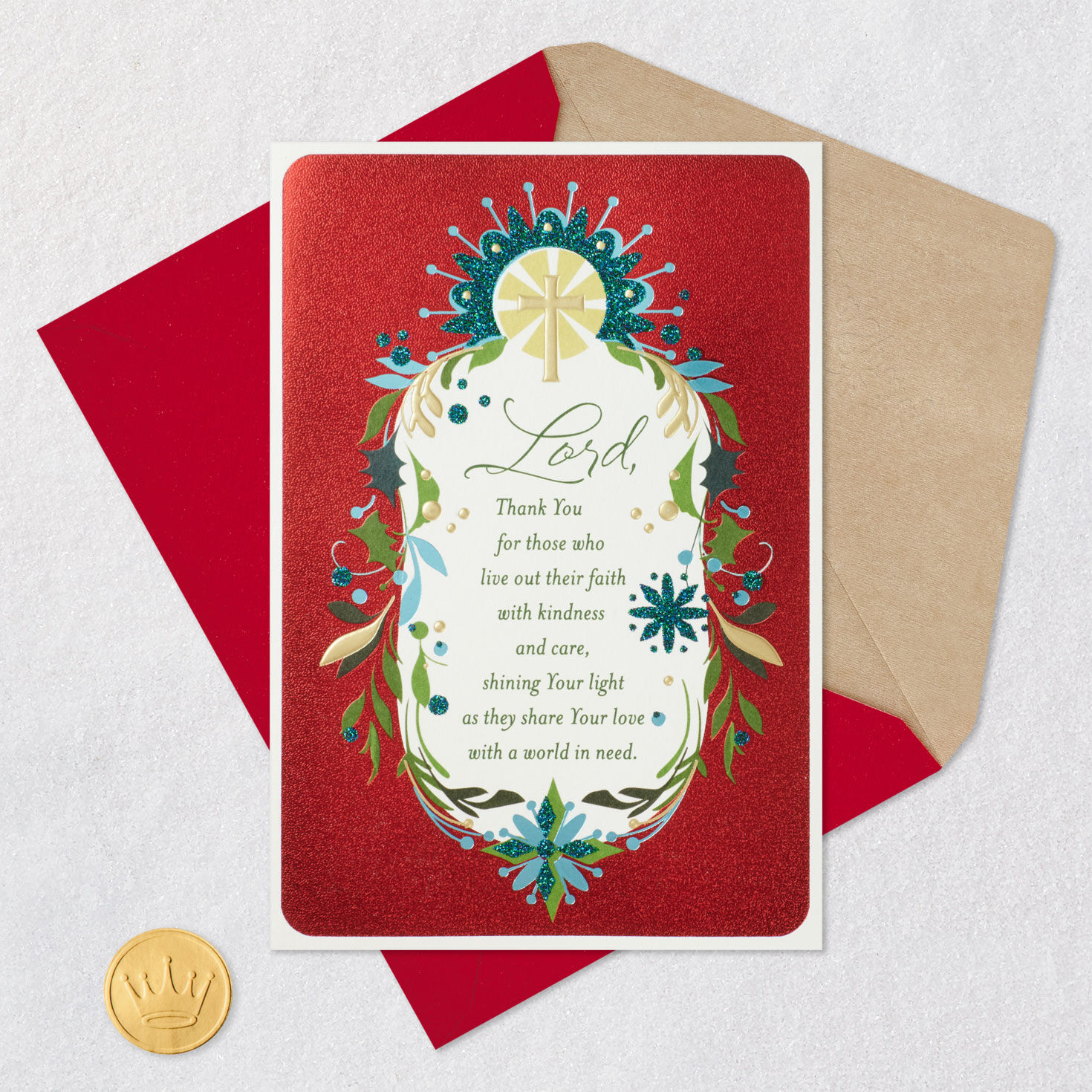 Cross and Flowers Clergy Appreciation Christmas Card Card Front with Envelope and Gold Seal image number 6