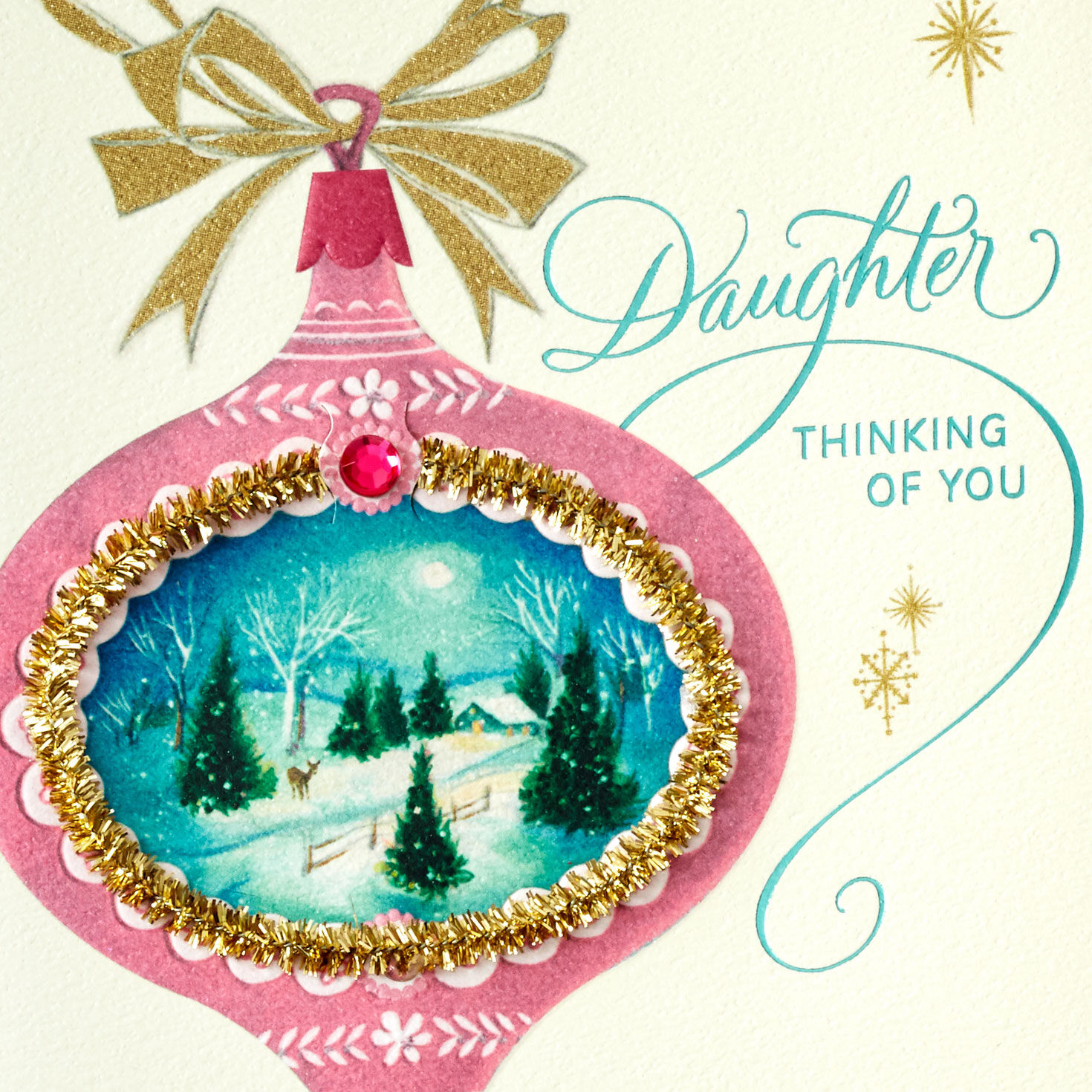 Pink Ornament With Tinsel Daughter Christmas Card Card Front Detail image number 5