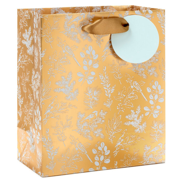 6.5" Birds and Branches Metallic Gold Small Holiday Gift Bag