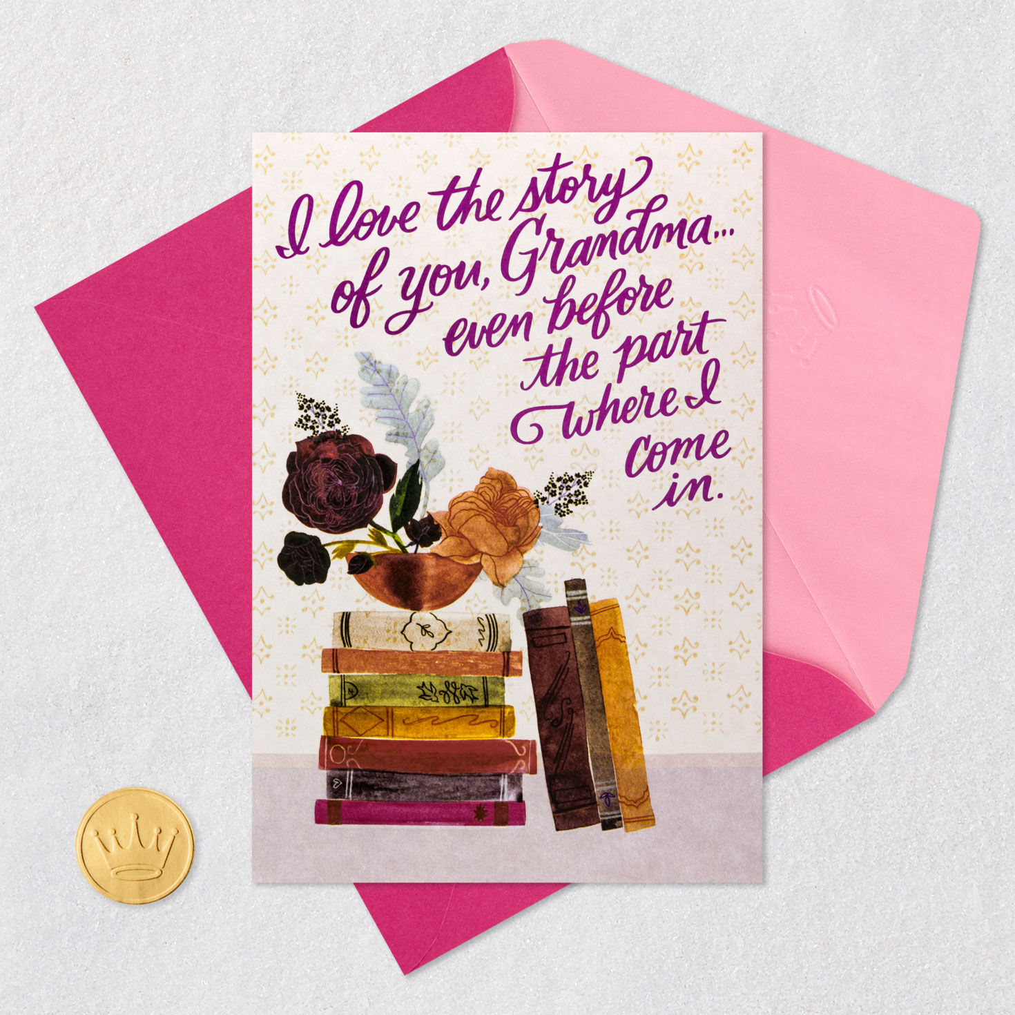 Painted Books and Flowers Mother's Day Card for Grandma Card Front with Envelope and Gold Seal image number 6