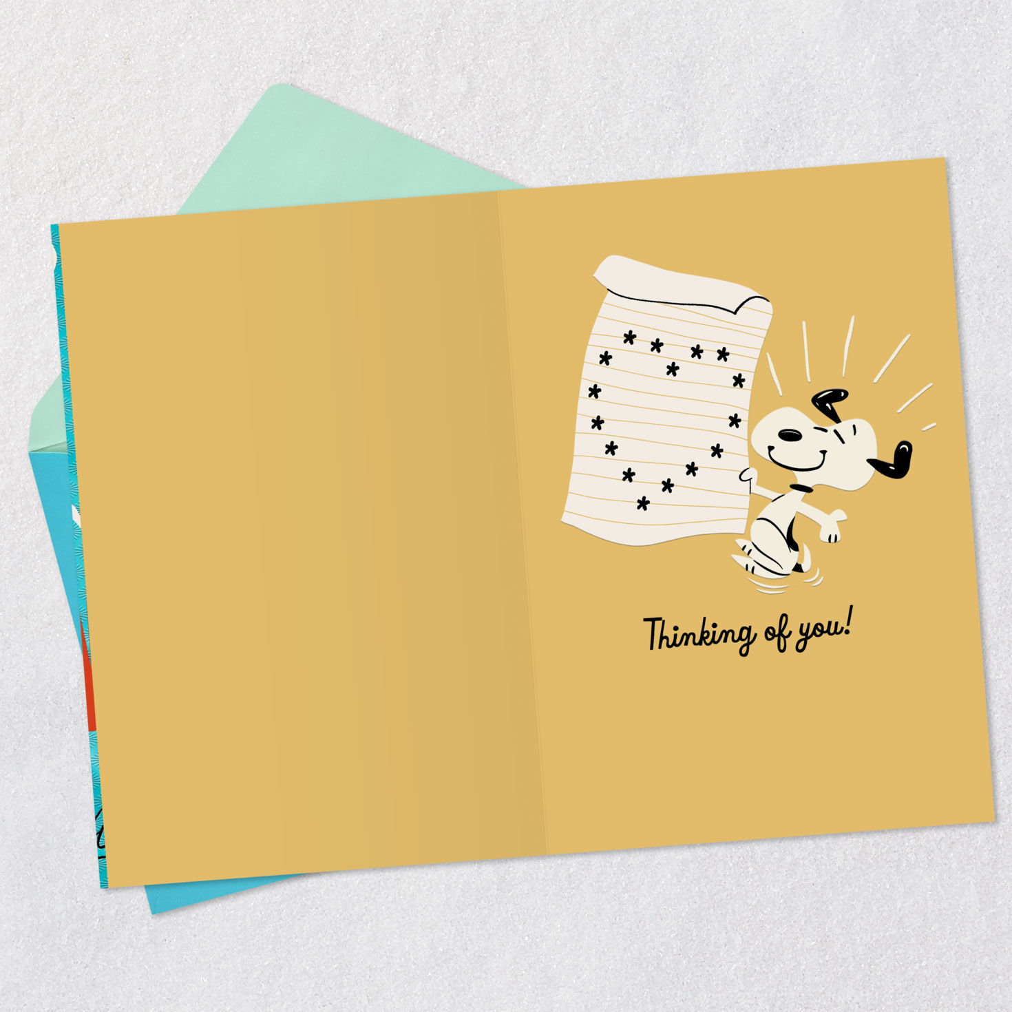 Peanuts Snoopy Typing Thinking of You Card Open card with envelope image number 3