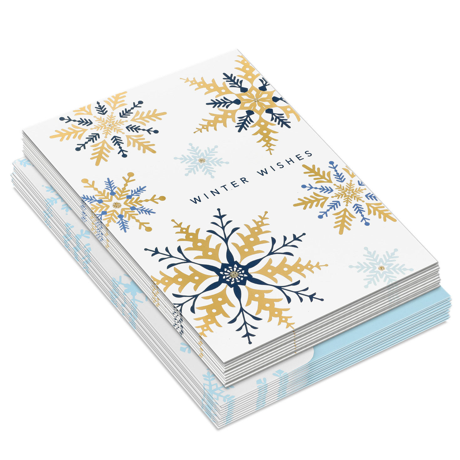 Blue and Gold Snowflakes Boxed Christmas Cards front stacked image number 2