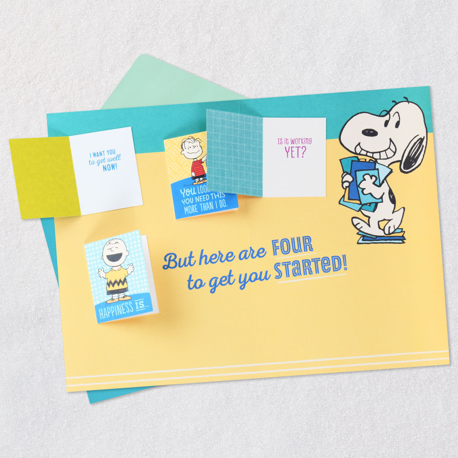 Snoopy on Green and Yellow Get Well Card Open card with envelope image number 5