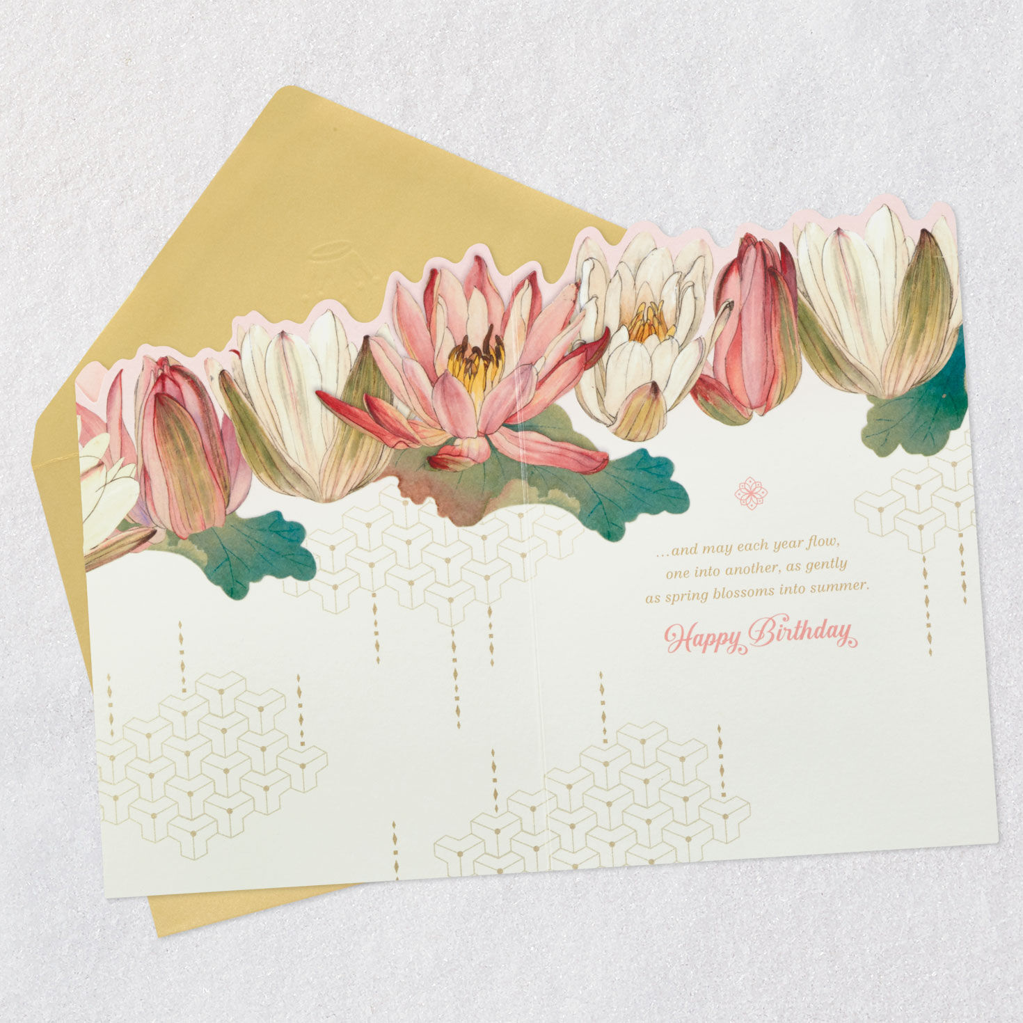 Cream and Pink Lotus Blossoms Birthday Card Open card with envelope image number 4