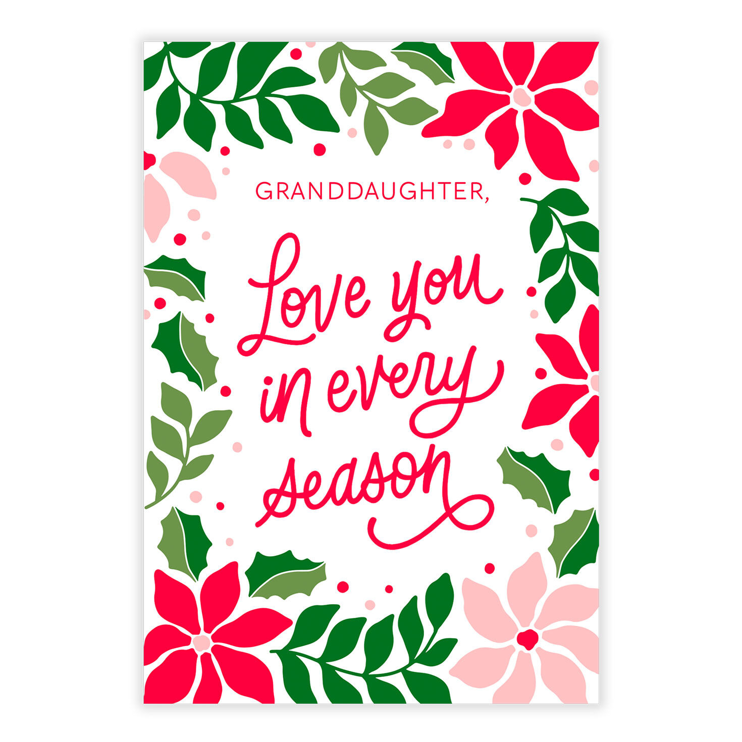 Poinsettias Leaves Border Personalized Christmas Card front image number 2