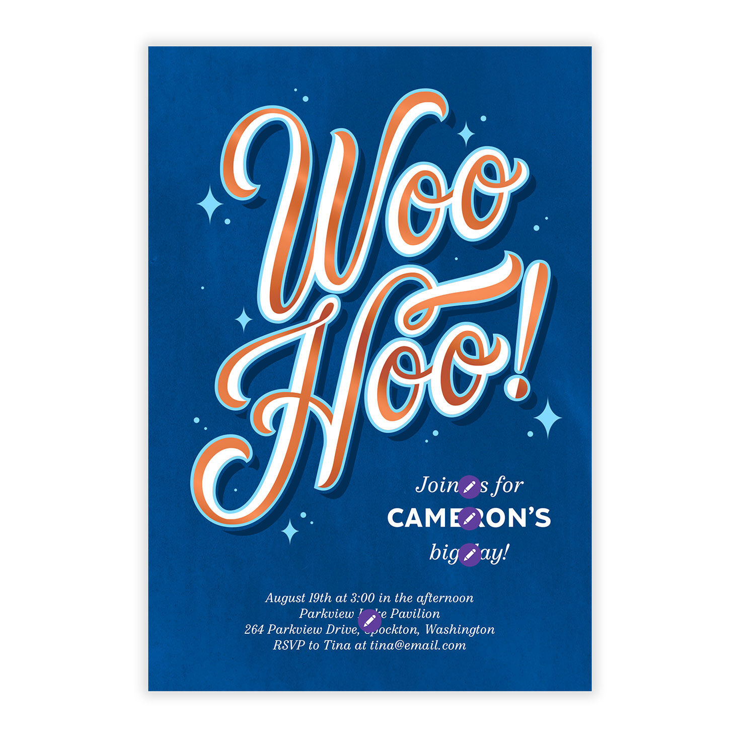 Woo Hoo! Script on Blue Personalized Party Invitation front image number 5