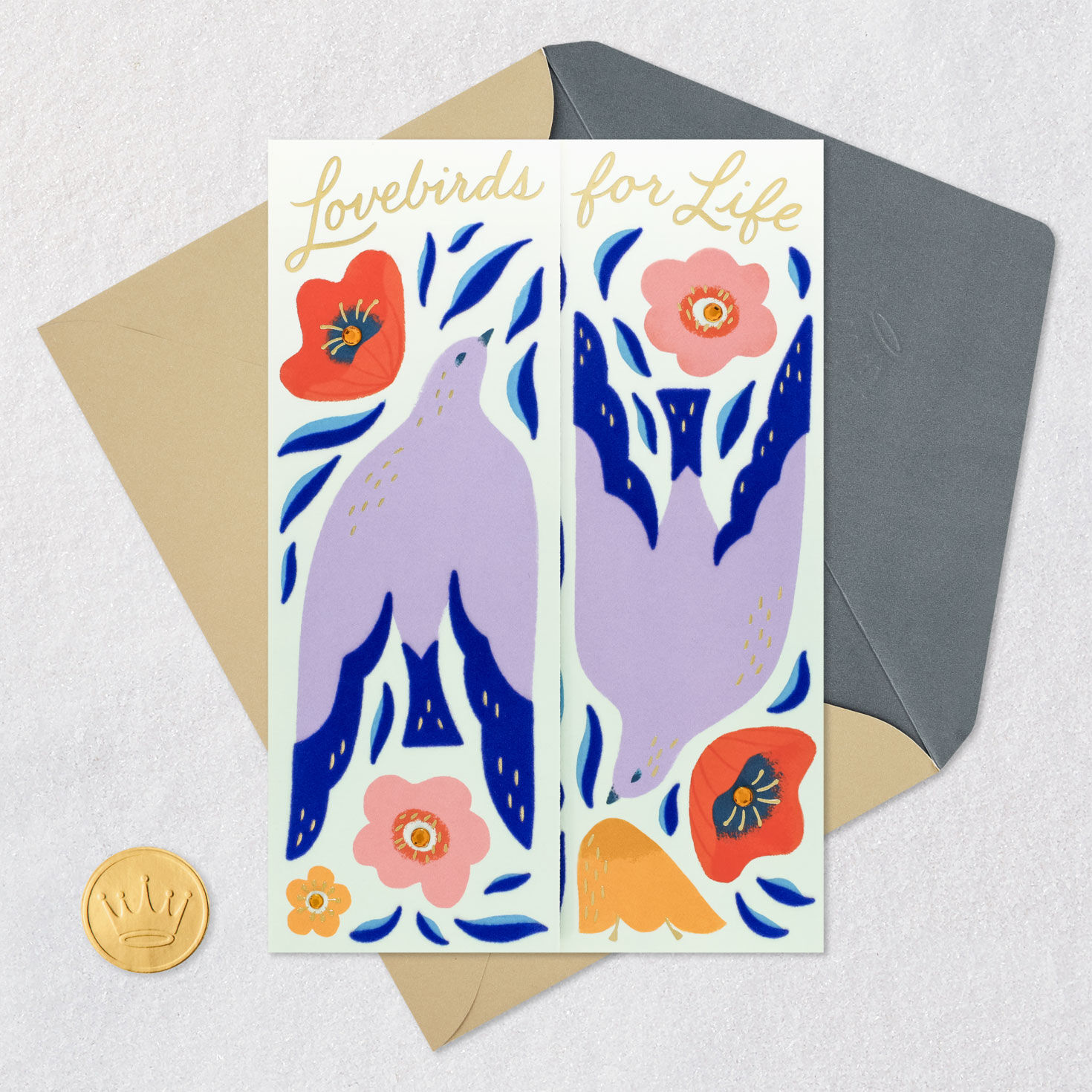 Lovebirds and Flowers Anniversary Card for Couple Card Front with Envelope and Gold Seal image number 5