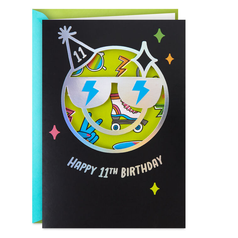 Smiley Face With Sunglasses 11th Birthday Card With Stickers