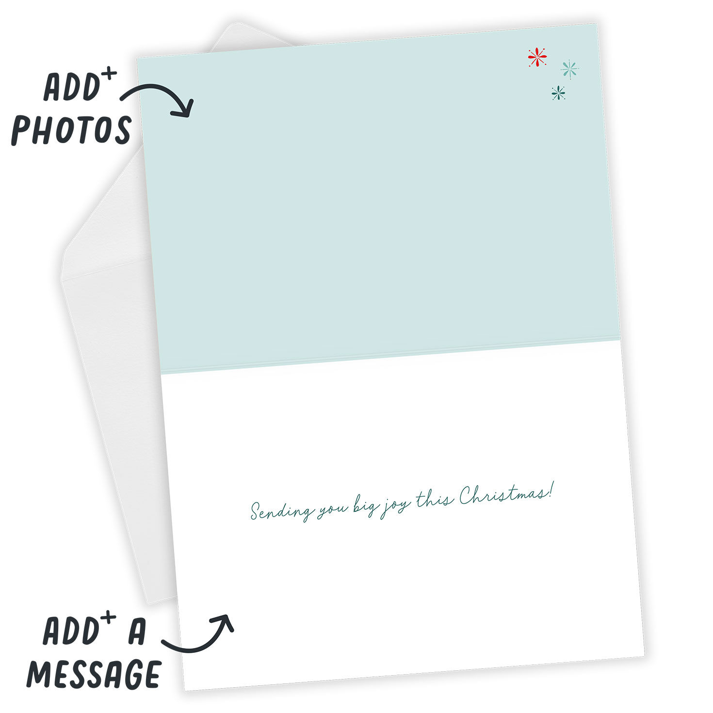 Snowflakes Joy Photo Personalized Christmas Card Open Card with Envelope indicating personalization image number 4