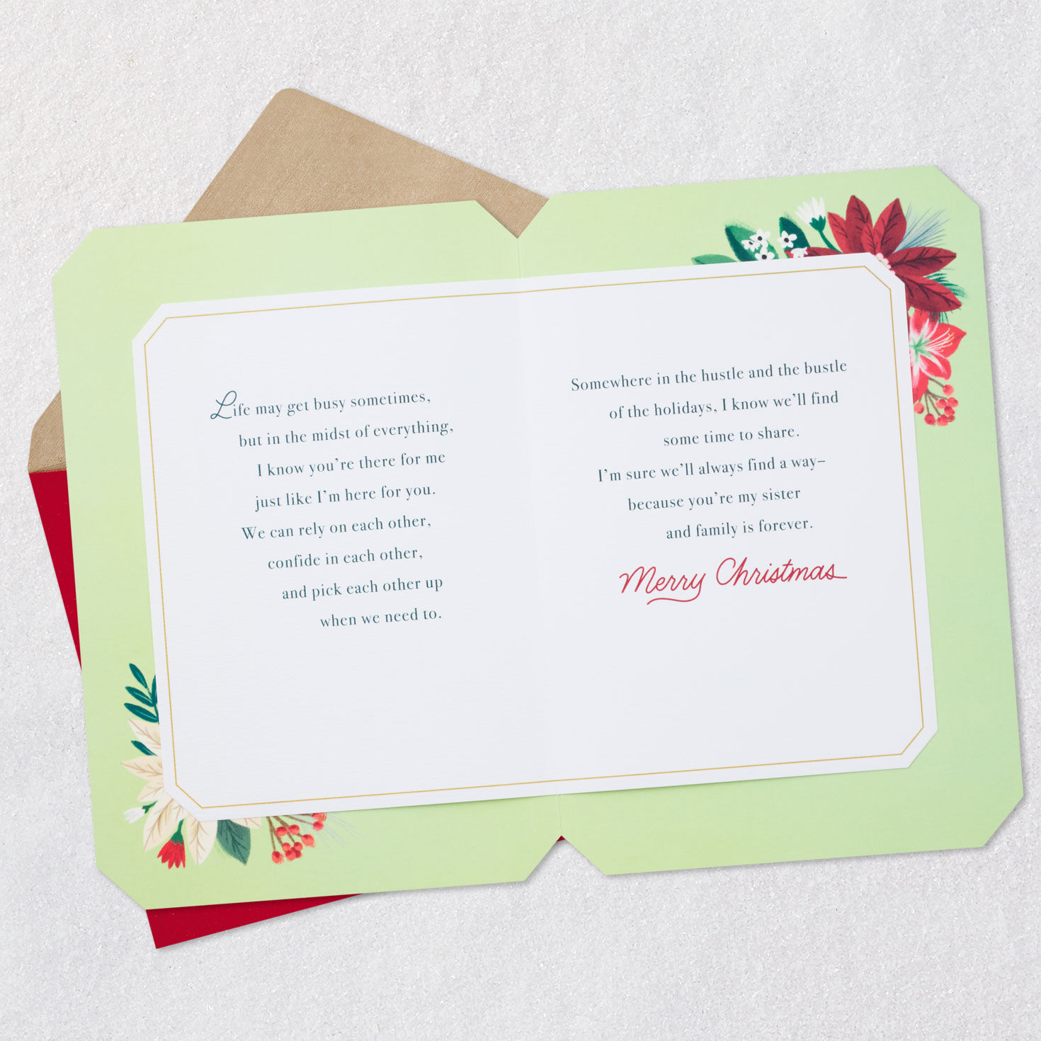 Poinsettia Floral Green Christmas Card for Sister Open card with envelope image number 4