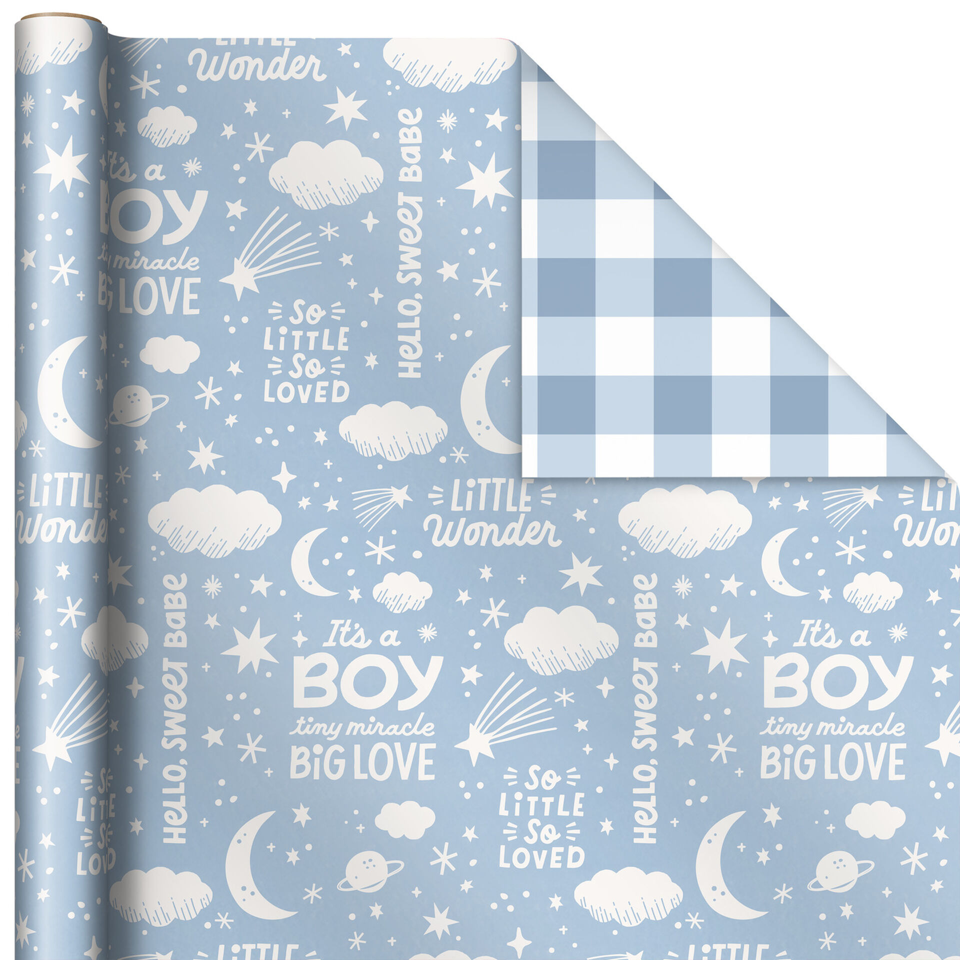 Baby Boy Lettering/Blue Gingham Reversible Wrapping Paper, 25 sq. ft