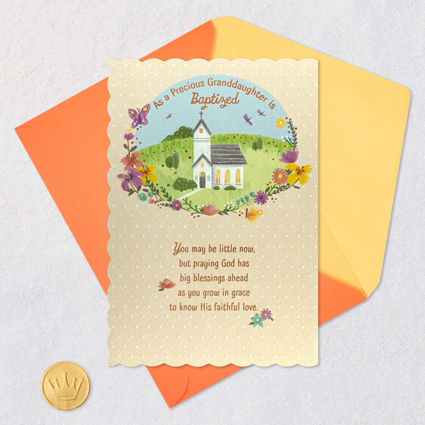 Church and Flowers Baptism Card for Granddaughter Card Front with Envelope and Gold Seal image number 6