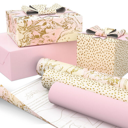 Pink and Gold Wrapping Paper 3-Pack With DIY Bow Templates, 75 sq. ft., 
