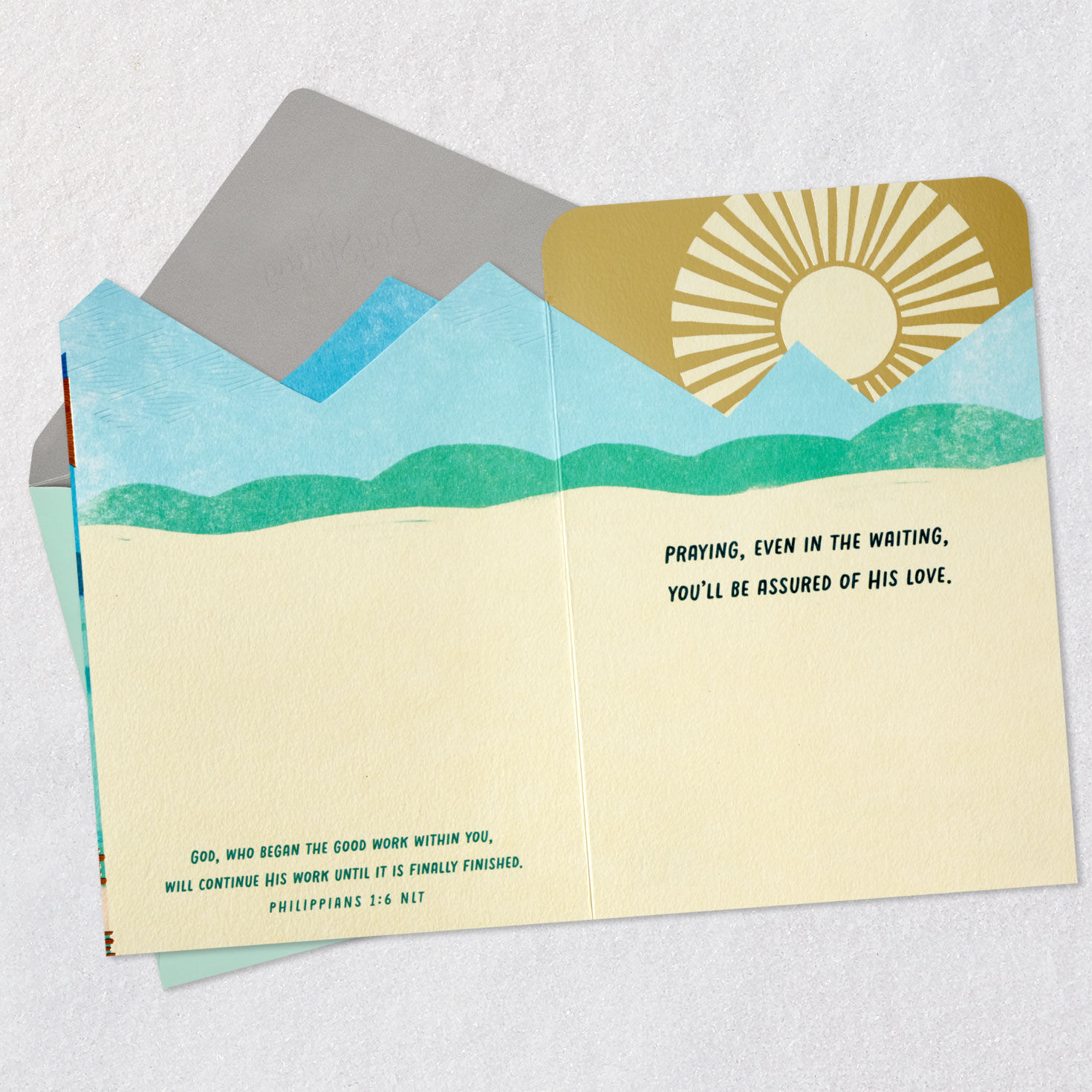 Sun Over Mountains Religious Encouragement Card Open card with envelope image number 4