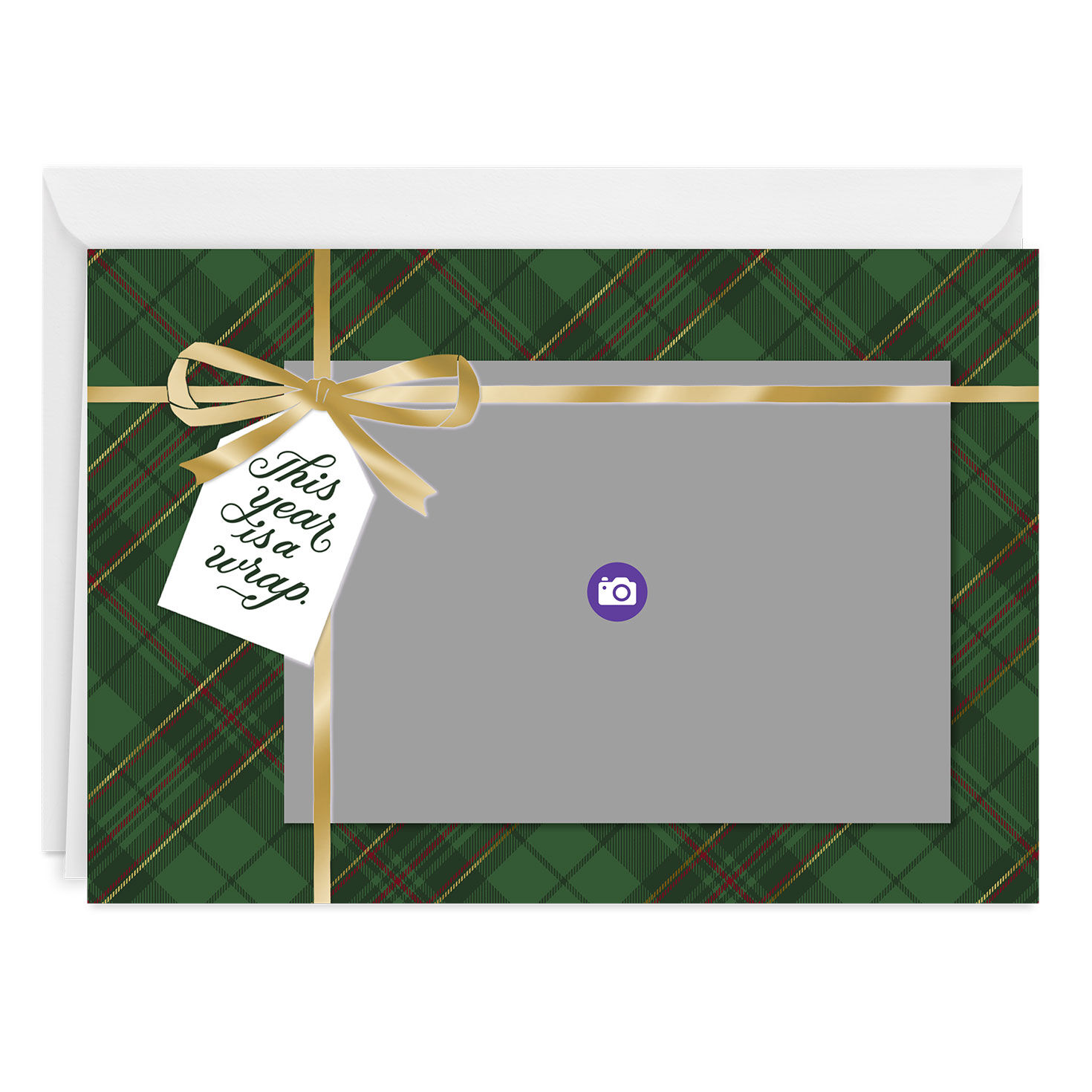 Green Plaid Gold Ribbon Gift Holiday Photo Card Card Front indicating personalization image number 3