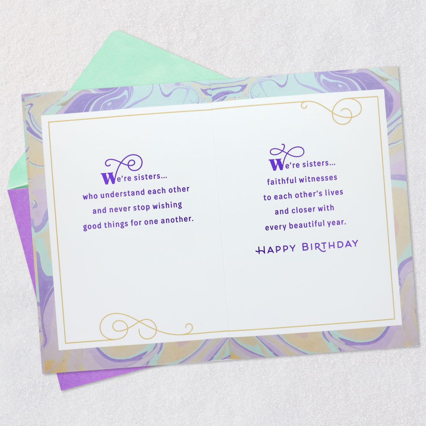 Purple, Green and Gold Marble Sister Birthday Card Open card with envelope image number 4