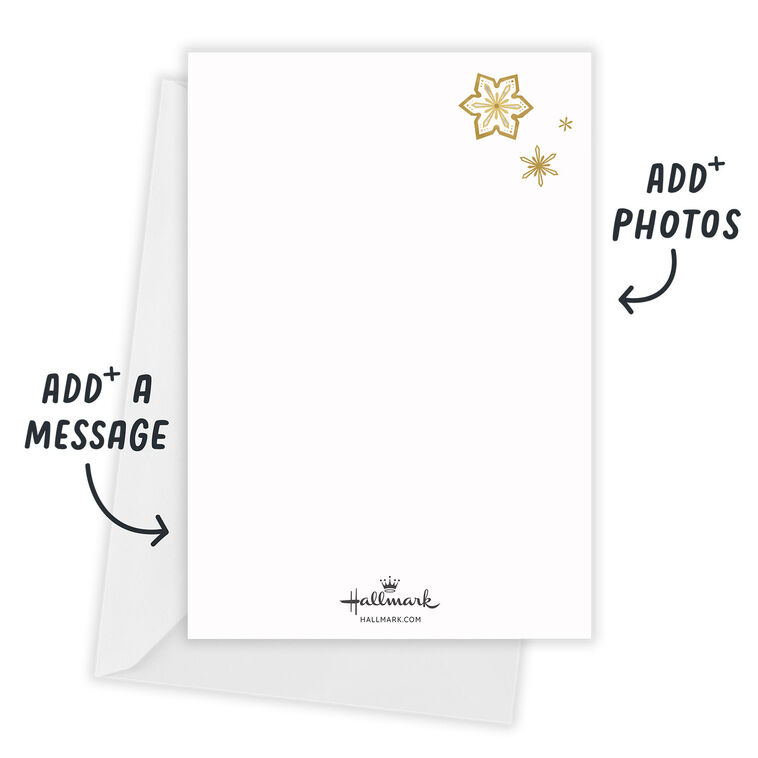 Gold Snowflakes Oval Photo Personalized Holiday Card Card back with Envelope indicating personalization image number 3
