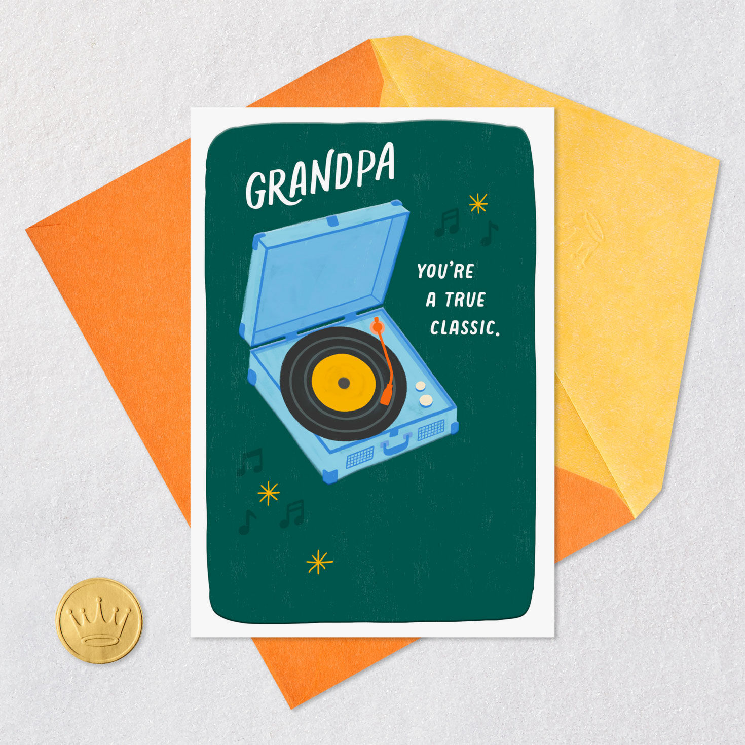 Green and Blue Record Player Grandpa Birthday Card Card Front with Envelope and Gold Seal image number 5